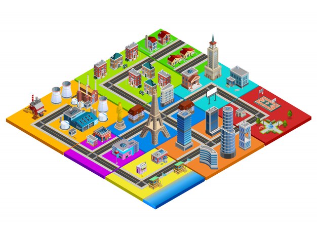 Imagen isométrica colorida del constructor del mapa de la ciudad