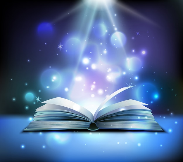 Imagen realista de libro mágico abierto con brillantes rayos de luz brillantes que iluminan páginas de bolas flotantes oscuras