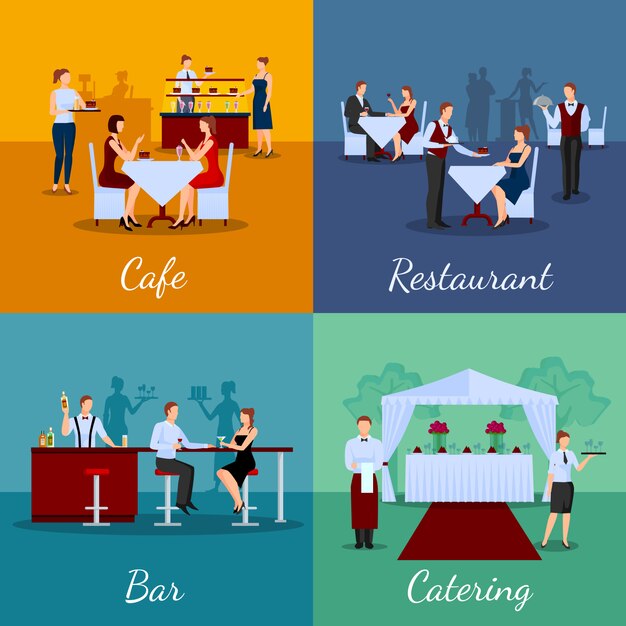 Imagen de vector de concepto de catering con café y bar símbolos