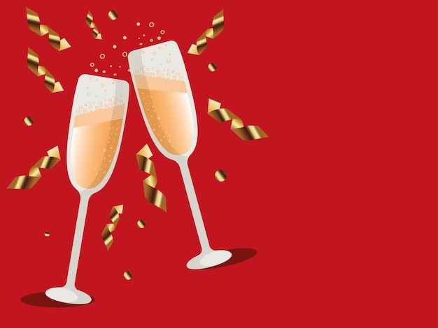 Imagen vectorial tarjeta de felicitación de año nuevo copas de champán y confeti con serpentina 2022