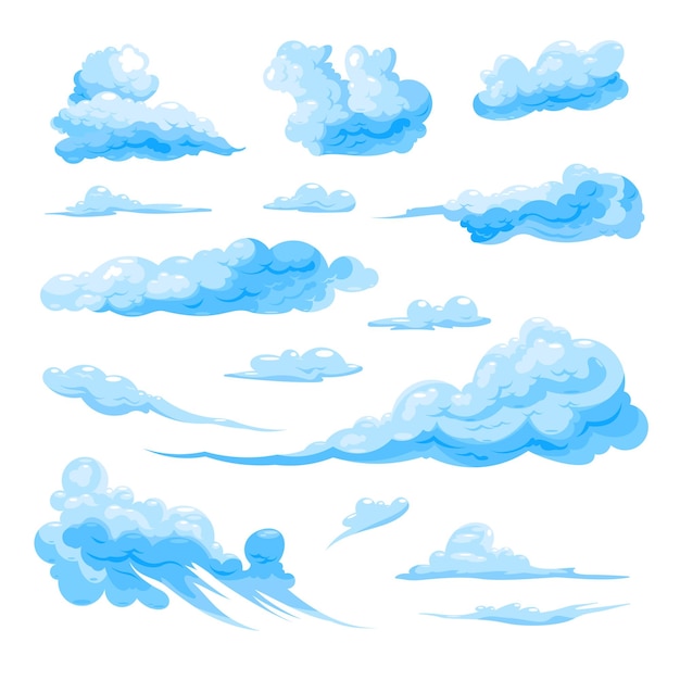Imágenes planas de nubes azules de diferentes formas sobre fondo blanco ilustración vectorial aislada
