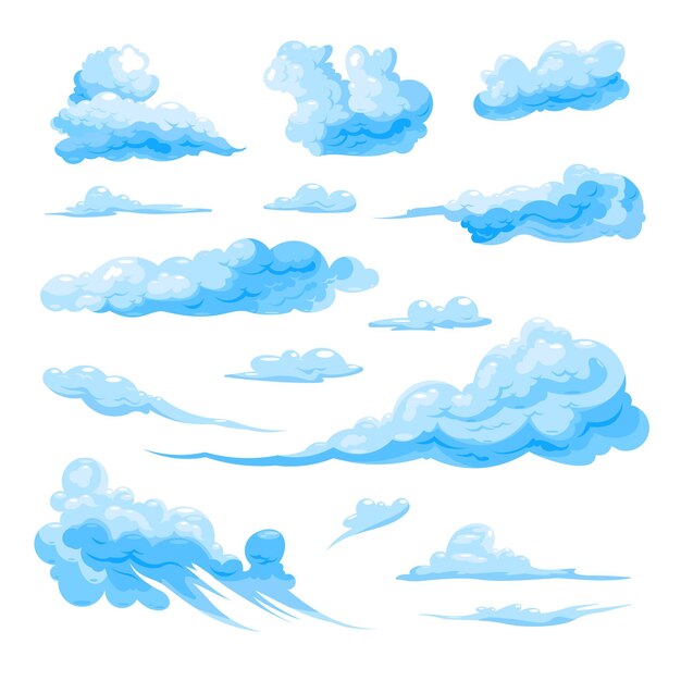Imágenes planas de nubes azules de diferentes formas sobre fondo blanco ilustración vectorial aislada