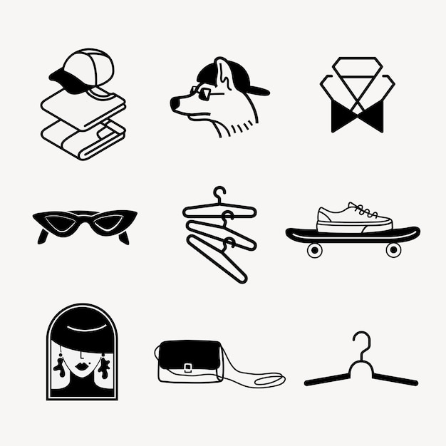 Vector gratuito imágenes prediseñadas de etiqueta de moda, conjunto de elementos de diseño de logotipo blanco y negro