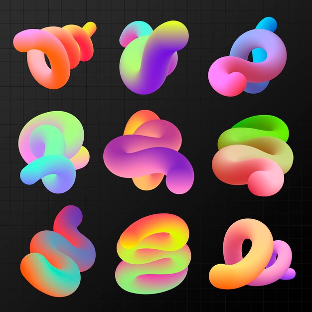Imágenes prediseñadas de forma fluida 3D abstracto, conjunto de vectores de diseño degradado colorido