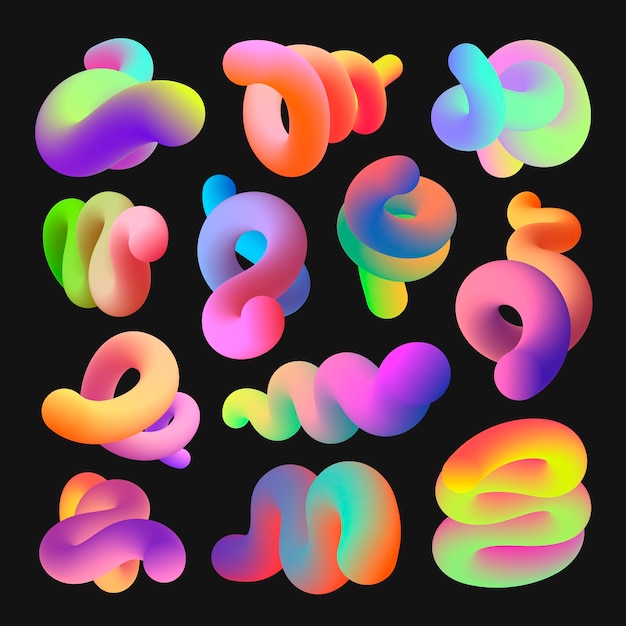 Imágenes prediseñadas de forma fluida 3D abstracto, conjunto de vectores de diseño degradado colorido