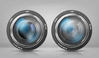 Vector gratuito imágenes prediseñadas realistas con dos lentes de cámara, objetivos fotográficos con zoom
