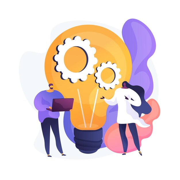 Implementación de nuevas ideas. Pensamiento creativo, soluciones innovadoras, proyecto de puesta en marcha. Colegas, socios discutiendo la estrategia de marketing. Ilustración de metáfora de concepto aislado de vector