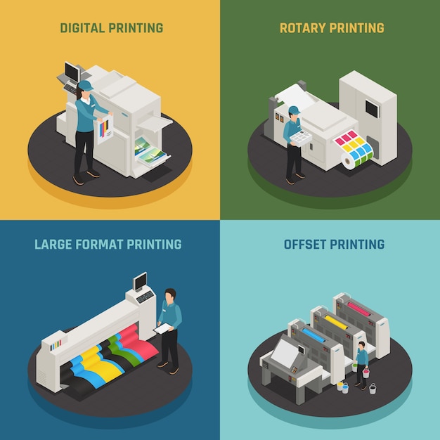 Imprenta 4 iconos isométricos