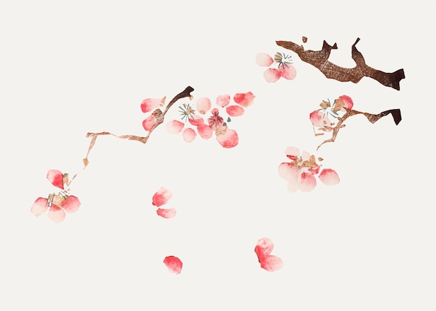 Impresión de arte botánico de vector de flor de cerezo rosa, remezclada de obras de arte de Hu Zhengyan