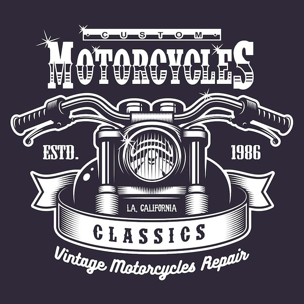 Vector gratuito impresión de motocicleta vintage. monocromo sobre fondo oscuro