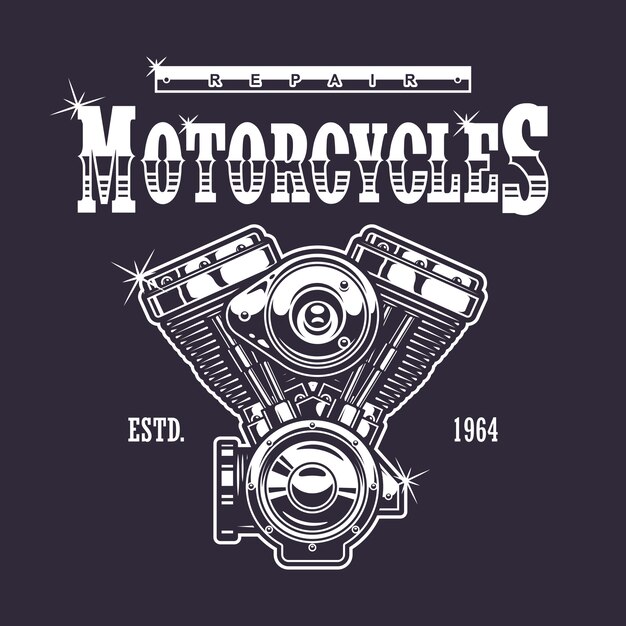 Impresión de motocicleta vintage. Monocromo sobre fondo oscuro