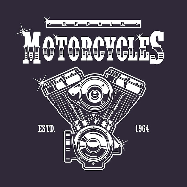 Impresión de motocicleta vintage. Monocromo sobre fondo oscuro
