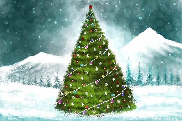 Impresionantes árboles de Navidad en el paisaje invernal con fondo de tarjeta de nieve