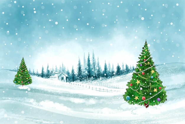 Impresionantes árboles de Navidad en el paisaje de invierno con fondo de tarjeta de nieve