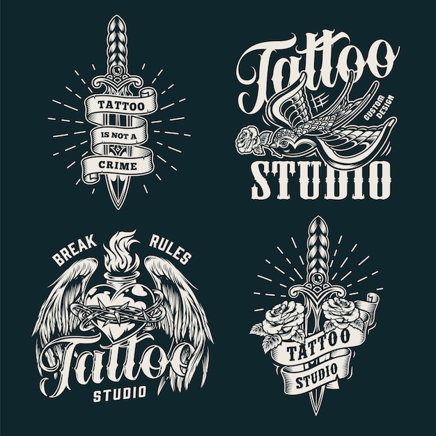 Impresiones de salón de tatuaje monocromo