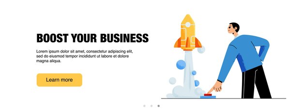 Impulse el banner web de su negocio Concepto de proyecto de lanzamiento de éxito de inicio con el hombre presionando el botón de inicio y el cohete volando hacia arriba Innovación de gestión y desarrollo Pie de página o encabezado de vector plano de arte lineal
