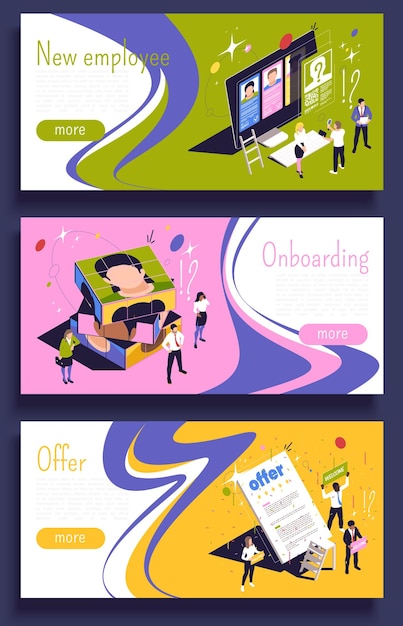 Incorporación de banners web horizontales isométricos con nuevos empleados y personal que les da la bienvenida ilustración vectorial 3d aislada