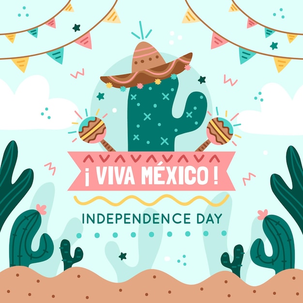 Vector gratuito independencia de méxico con cactus y guirnaldas