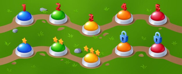 Indicador de progreso de nivel de juego en césped verde Ilustración de dibujos animados vectoriales de botones coloridos marcados con números, cerraduras cerradas y estrellas doradas extra a lo largo de la carretera Elemento de diseño de interfaz de usuario de juego