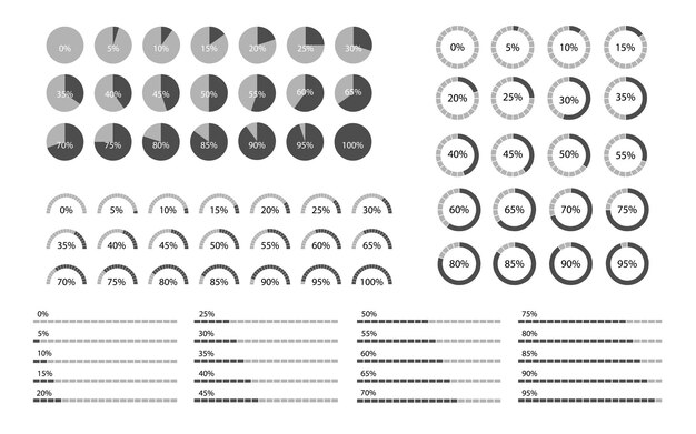 Indicadores de porcentaje establecidos para infografías. Diseño gráfico de información empresarial. Ilustración vectorial.