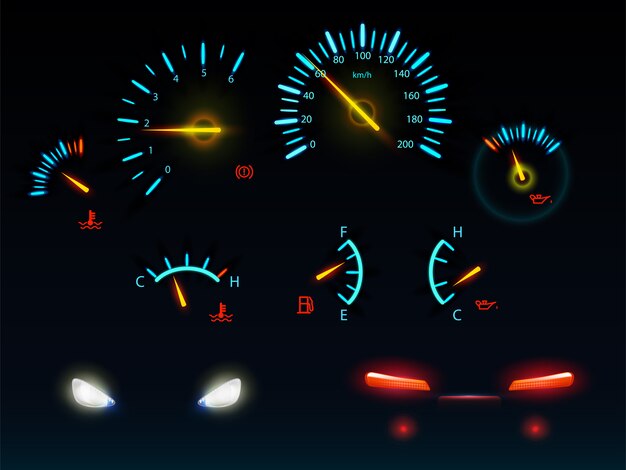 Los indicadores del salpicadero de un automóvil moderno brillan en la oscuridad escalas de luz azul y naranja y flechas, faros delanteros y traseros de automóviles conjunto de ilustraciones de vectores realistas