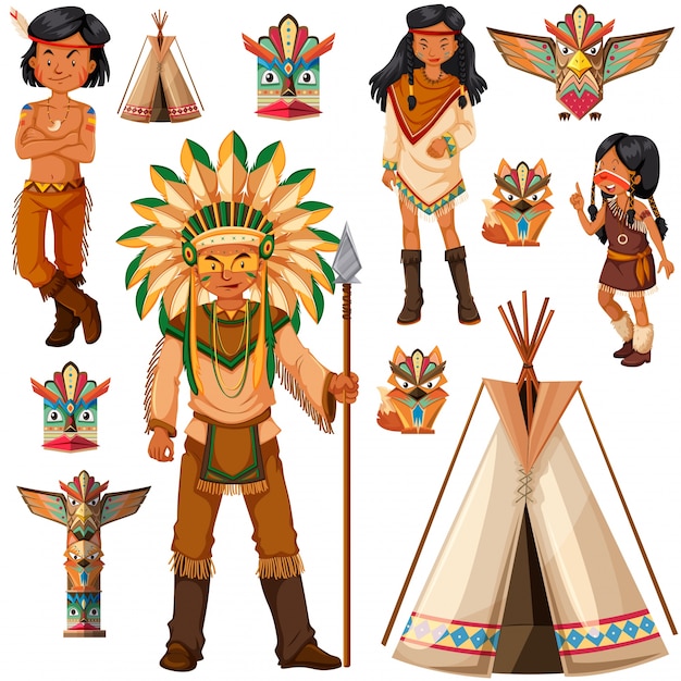 Vector gratuito indígenas americanos nativos y tepee ilustración