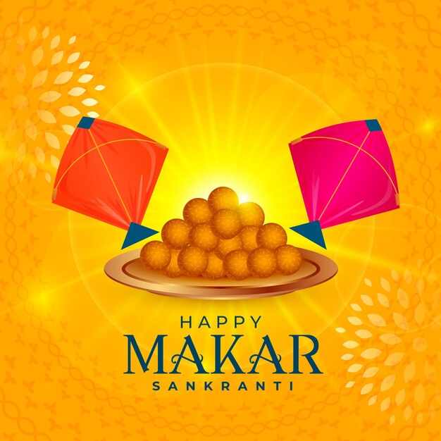 Indio festivo Makar Sankranti fondo con cometas y diseño laddoo
