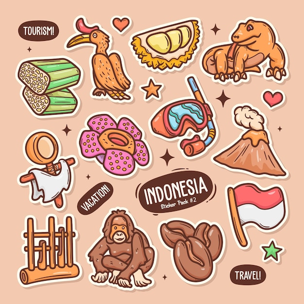 Vector gratuito indonesia lindo doodle vector colección de pegatinas