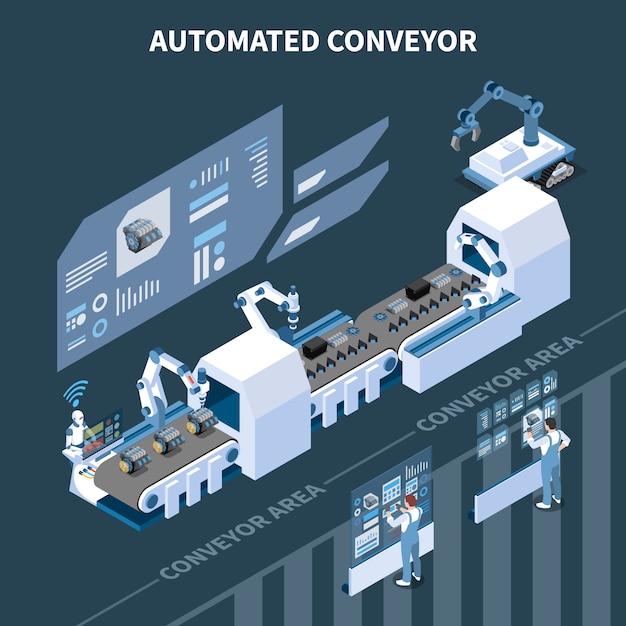 Industria inteligente composición isométrica de fabricación inteligente con línea de montaje automatizada manipuladores de brazo modernos y pantallas holográficas
