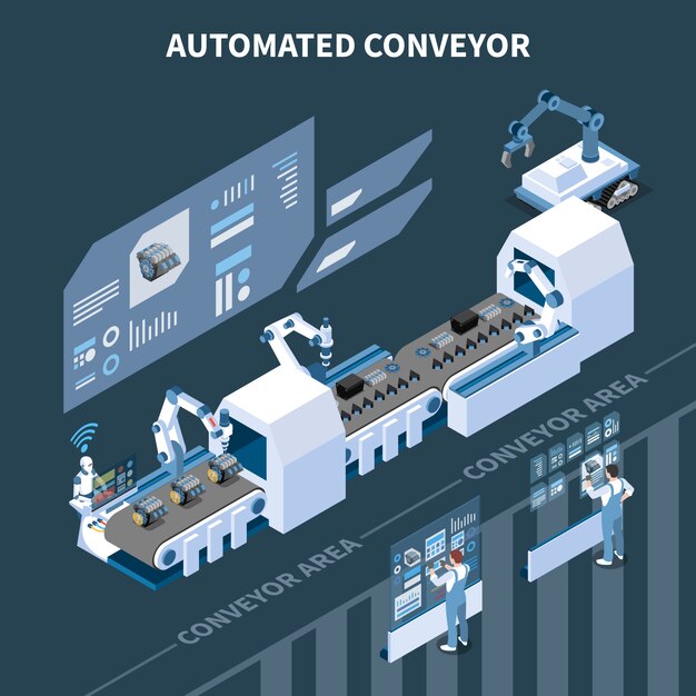 Industria inteligente composición isométrica de fabricación inteligente con línea de montaje automatizada manipuladores de brazo modernos y pantallas holográficas