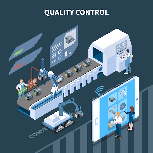 Vector gratuito industria inteligente composición isométrica de fabricación inteligente con texto y línea de montaje automática operada remotamente desde la tableta