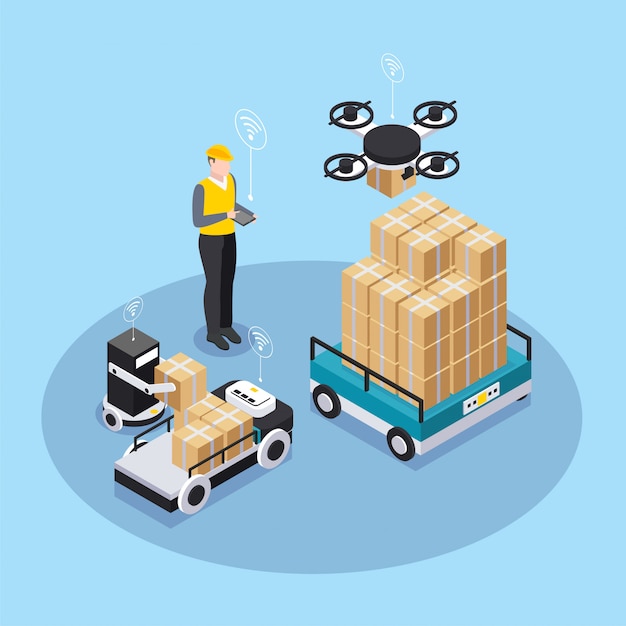 Industria inteligente isométrica coloreada con hombre en casco de trabajo amarillo vigila la ilustración de vector de equipo inteligente