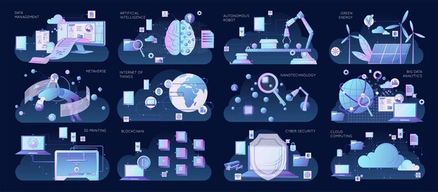 Industria inteligente plana 4.0 ambientada en un fondo oscuro con iot nanotecnología seguridad cibernética metaverso energía verde ilustración vectorial aislada
