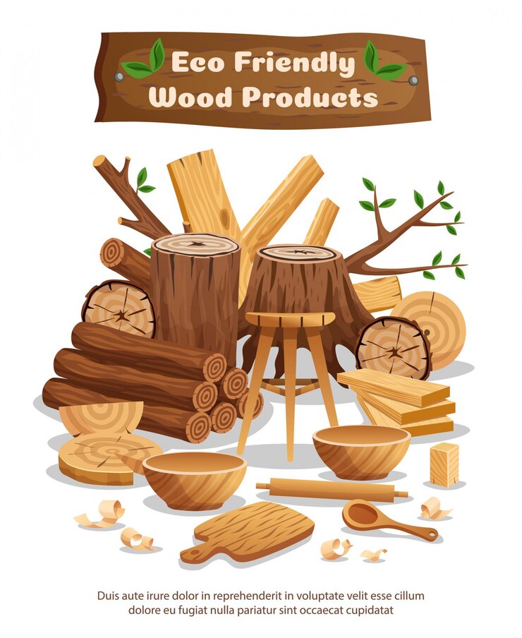 Vector gratuito industria de la madera material ecológico y productos cartel de composición publicitaria con troncos de árboles tablones cuencos cucharas