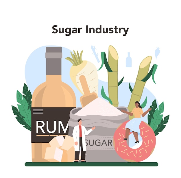 Industria de producción de azúcar sacarosa y fructosa extraídas de la caña de azúcar y la remolacha azucarera ingrediente de productos horneados de confitería de dulces de bebidas ilustración de vector plano aislado