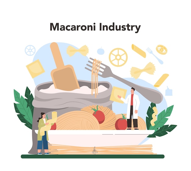 Industria de producción de espagueti o pasta Fabricación de alimentos semiprocesados italianos Corte y secado de macarrones Ilustración vectorial aislada en estilo de dibujos animados