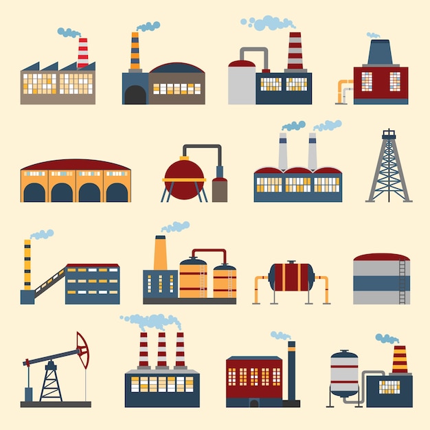 Industrial de construcción de fábricas y plantas de iconos conjunto de ilustración vectorial aislados.