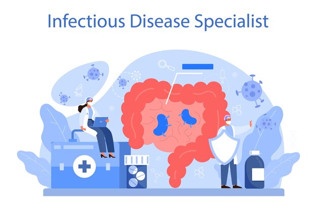 Infeccionista profesional Especialista en enfermedades infecciosas que trata enfermedades infecciosas Virus y brote de infecciones respiratorias ayuda de emergencia Ilustración de vector plano aislado