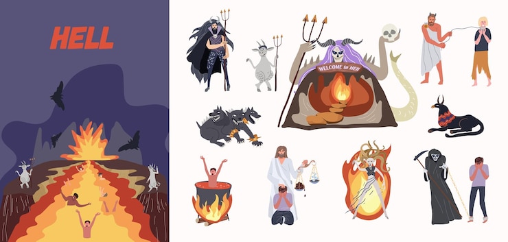 Vector gratuito infierno inframundo composición plana de personas ardiendo bajo tierra y conjunto de criaturas míticas aisladas ilustración vectorial