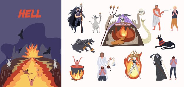 Infierno inframundo composición plana de personas ardiendo bajo tierra y conjunto de criaturas míticas aisladas ilustración vectorial