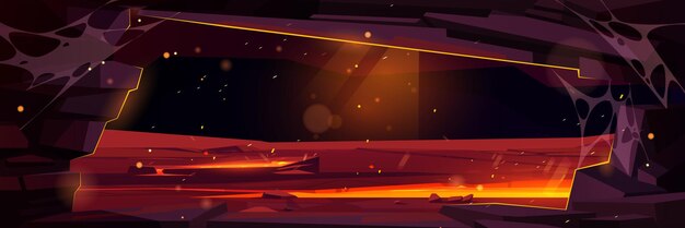 Infierno de lava volcánica en roca subterránea vista de cueva juego de fantasía fondo vectorial de dibujos animados Misterioso y peligroso diseño de aventura de nivel de magma caliente Grieta en el suelo con fuego líquido bajo la superficie del terreno