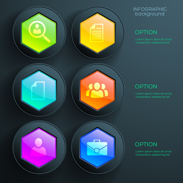 Infografía abstracta de negocios con seis iconos y elementos web hexagonales brillantes coloridos