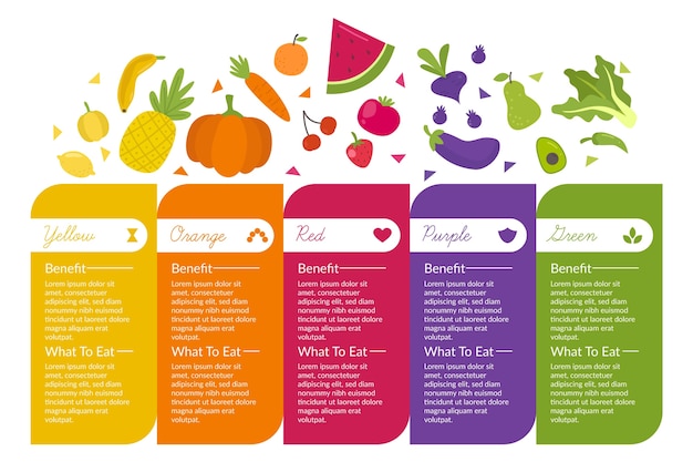 Infografía con alimentos frescos y saludables.