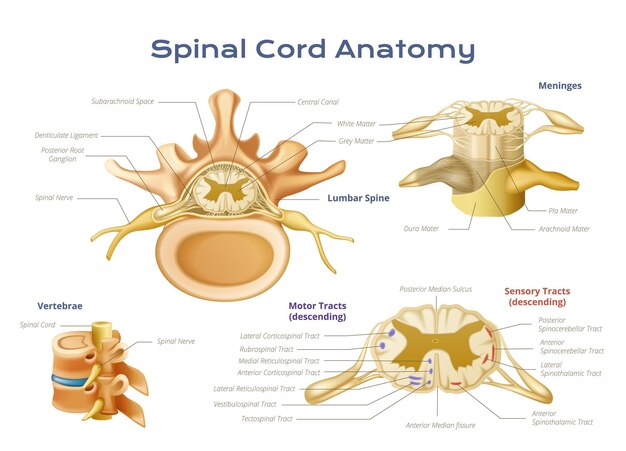 Infografía de la anatomía de la médula espinal de las vértebras con un diagrama científico de los elementos de la columna vertebral con punteros y leyendas de texto ilustraciones vectoriales