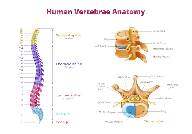 Infografía de la anatomía de la médula espinal de las vértebras con zonas codificadas por colores de la columna vertebral e imágenes aisladas del hueso espinal ilustración vectorial