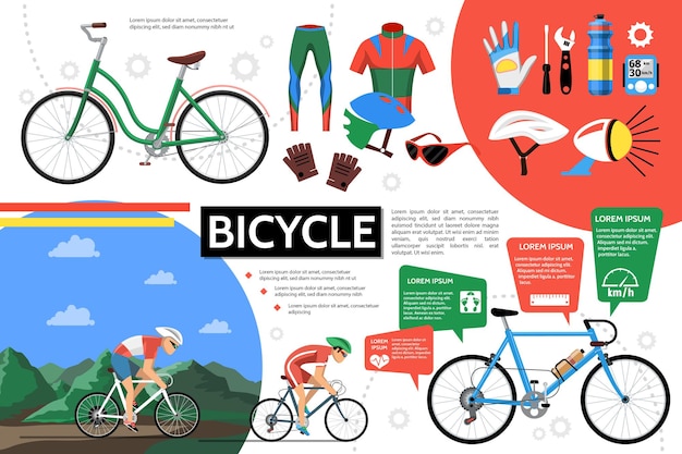 Infografía de bicicleta plana con ciclistas bicicletas ropa deportiva casco gafas guantes campana destornillador llave botella