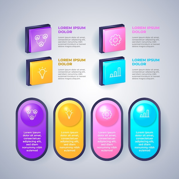 Infografía brillante 3D con pasos