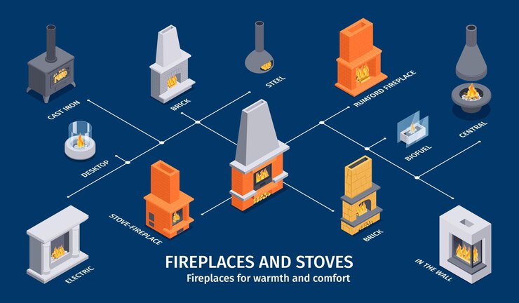Vector gratuito infografía de chimeneas isométricas con texto editable e imágenes aisladas de ilustración de vector de estufas eléctricas y rumford de acero de ladrillo