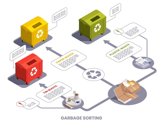 Vector gratuito infografía de clasificación de basura con contenedores coloridos para papel de hojalata y flechas de residuos plásticos y texto ilustración vectorial isométrica 3d
