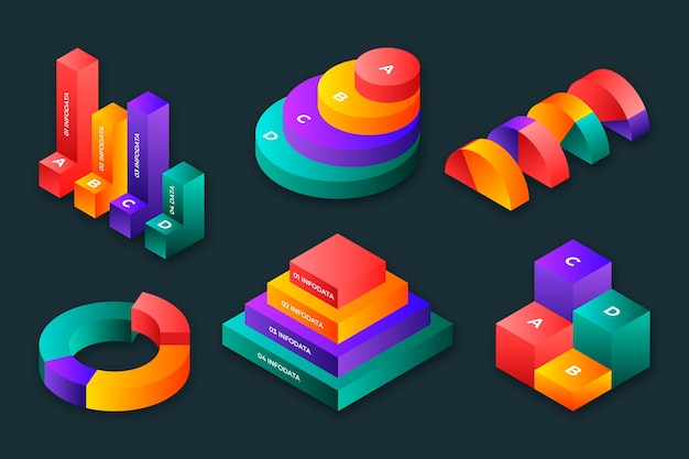 Infografía colorida isométrica con varios gráficos